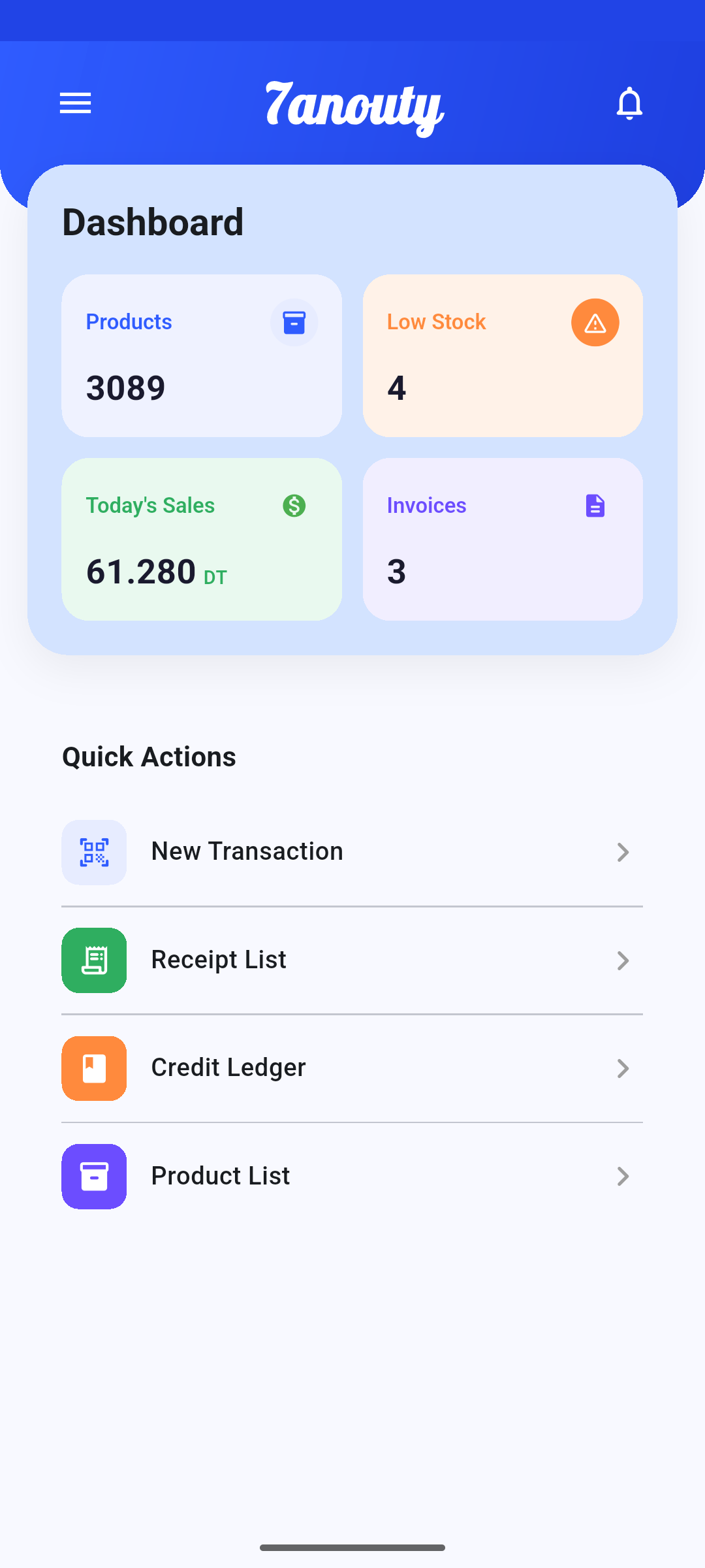 Interface de gestion des produits dans l'application 7anouty